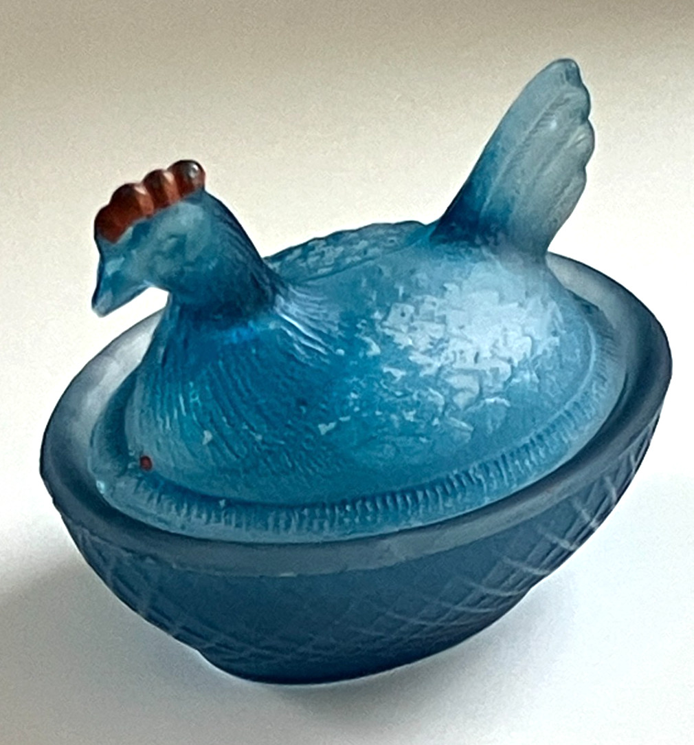 Vintage Small Frosted Blue Glass Hen on Nest Covered Salt Cellar/Salt Dip-Dish