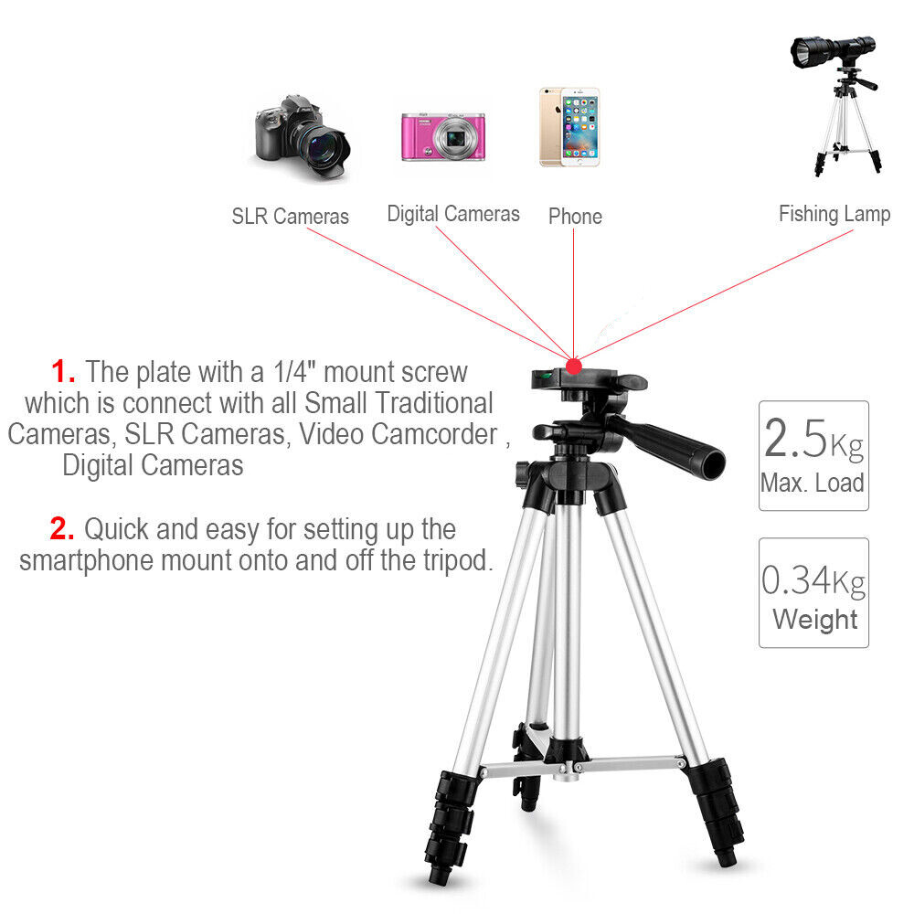 1P Professional Camera Tripod Stand + Phone Holder For Smartphone iPhone Samsung