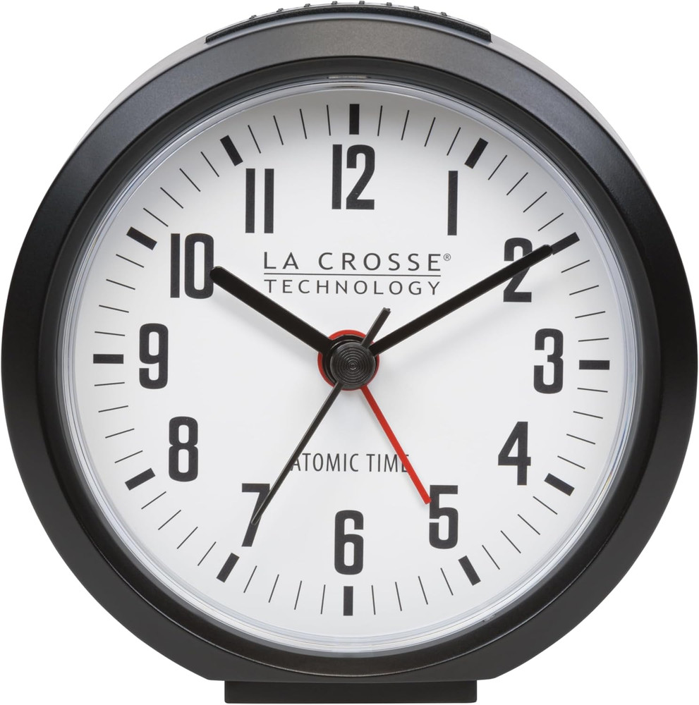 617-710B-INT 4-Inch round Black Atomic Analog Alarm Clock