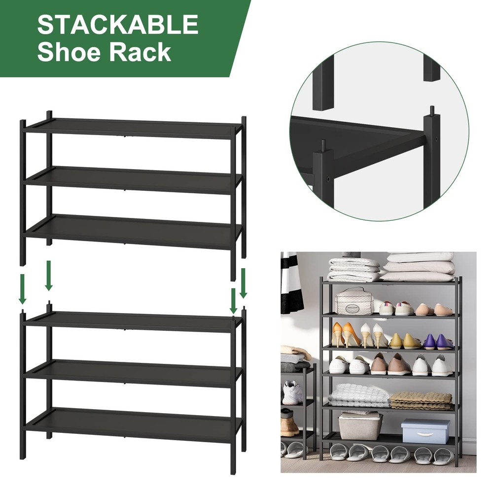 3-Tier Black Shoe Rack for Entryway, Stackable | Foldable | Natural, Shoe Org...