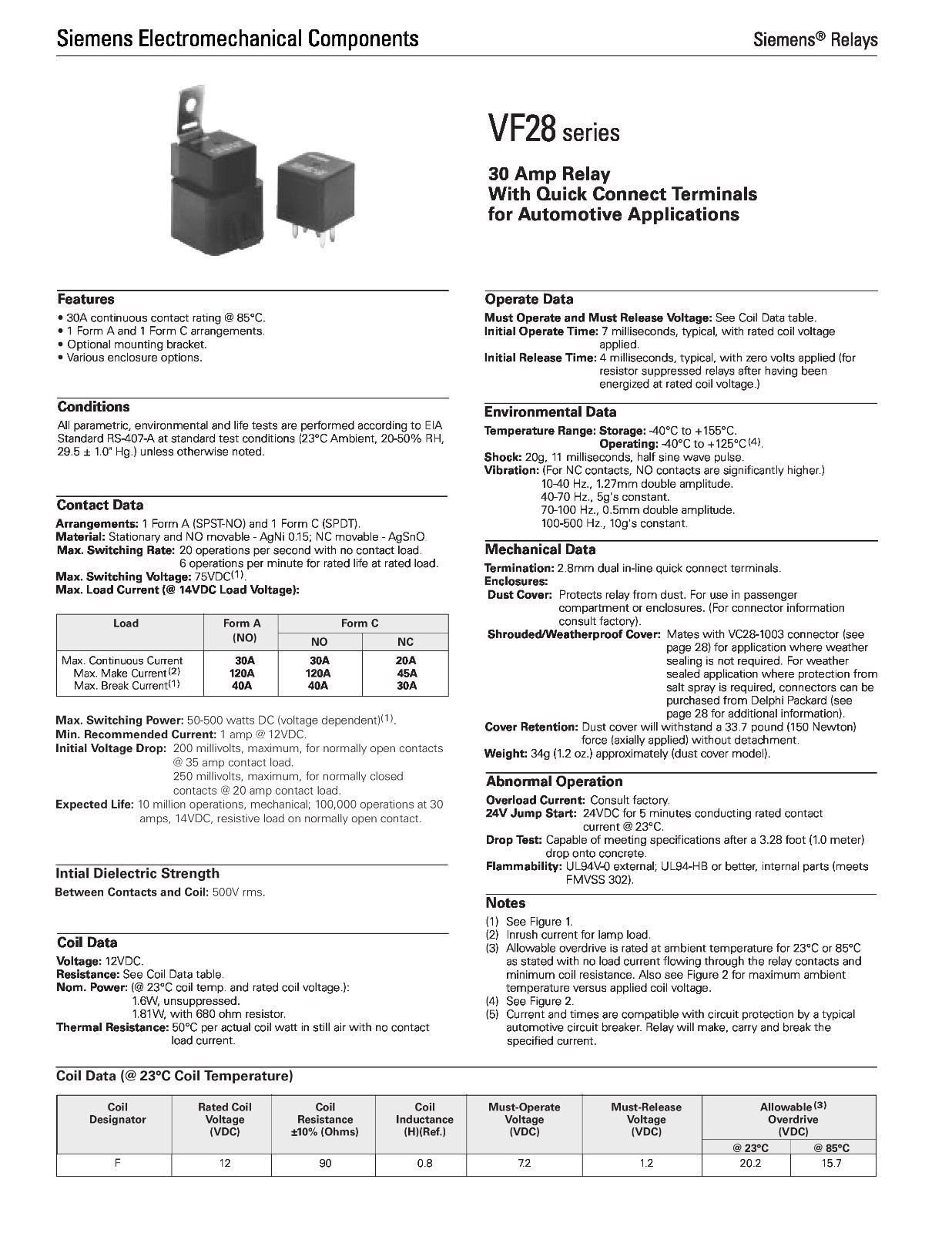 2 X Tyco 12V DC Automotive Relay - 30A - VF28 GM Car SPST NO Relay - N.O.