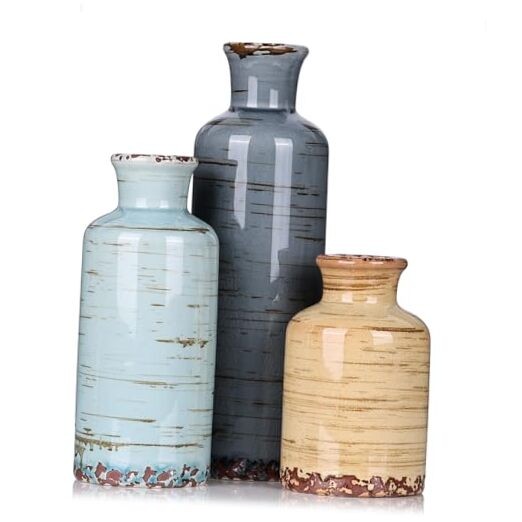 Ceramic Vase Set - 3 Small Flower Vases Home Decor, Modern Rustic Multicolored