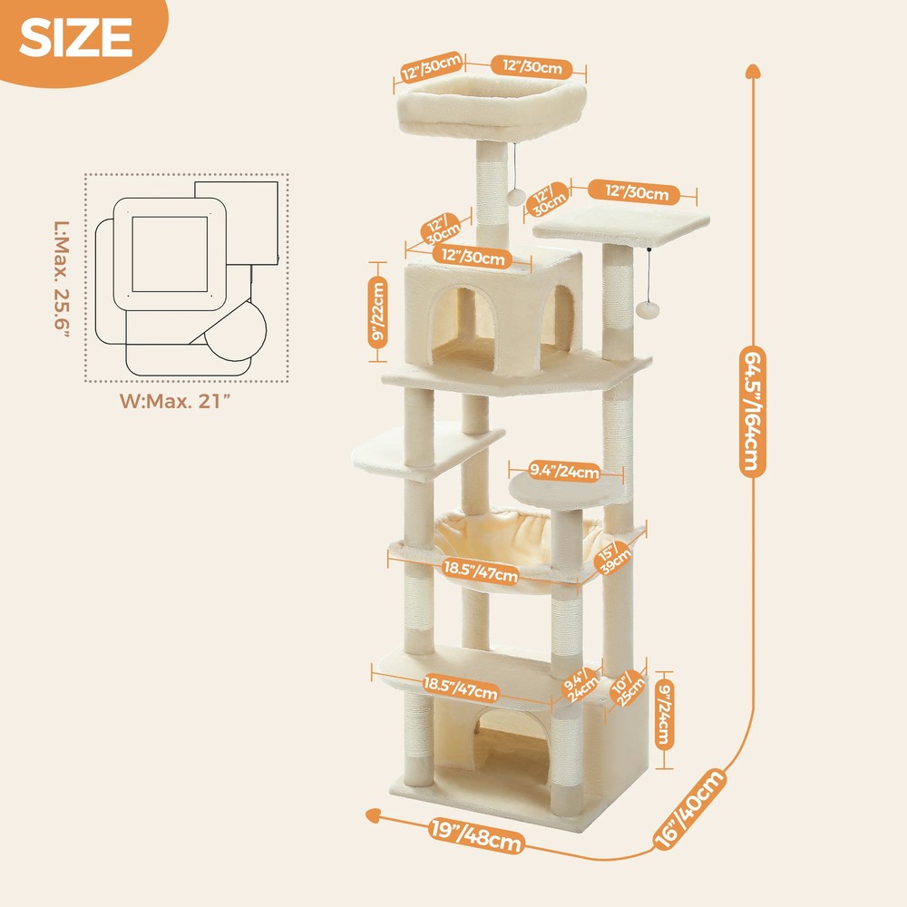 Tall Cat Tree with Scratching Posts Spacious Hammocks Large Condos Cat Tower