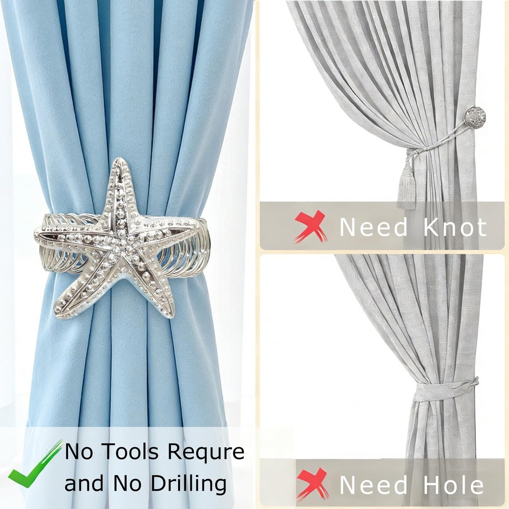 Silver Starfish Curtain Tiebacks, 2 Pack Adjustable No Drill Curtain Holdback...