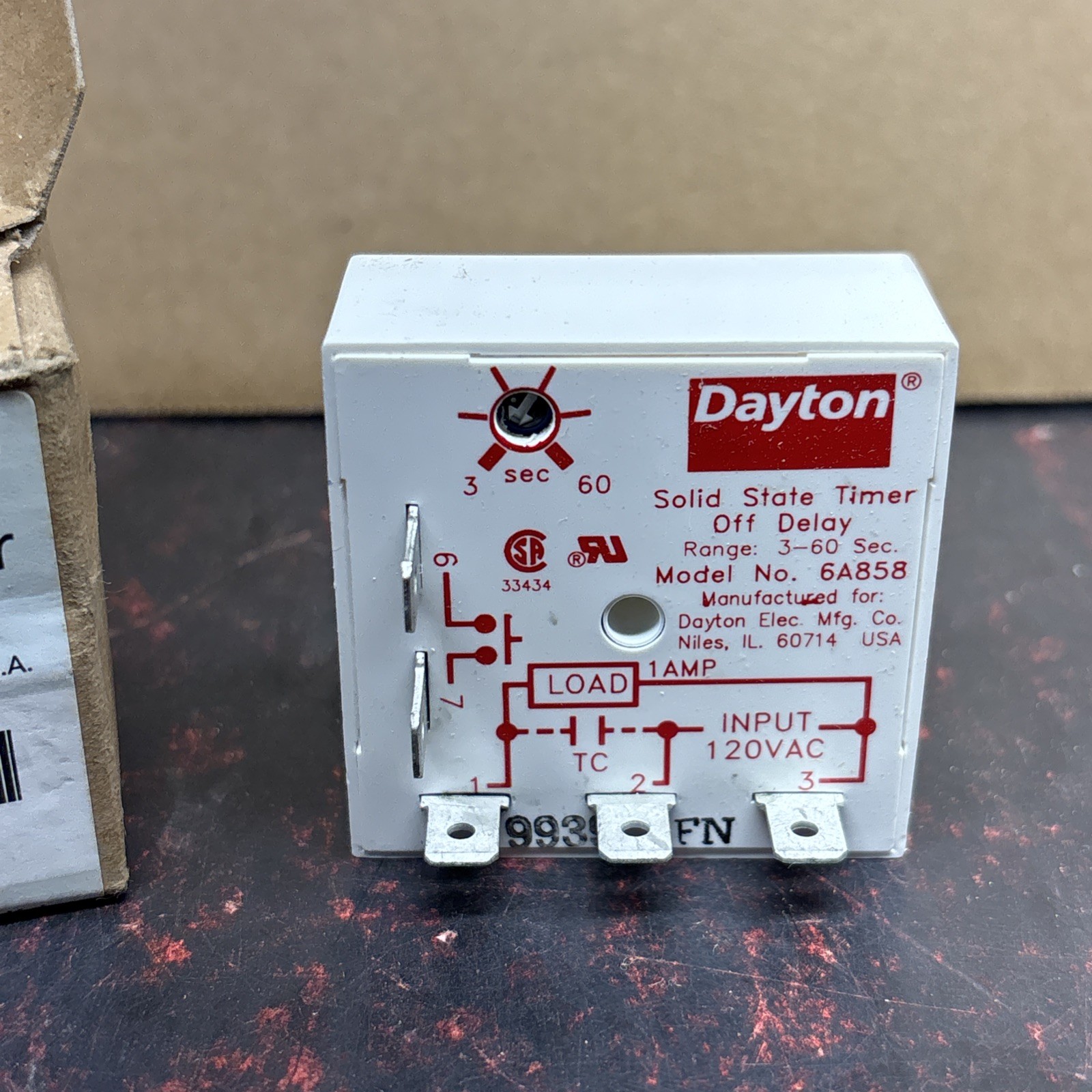 Dayton 6A858 Single Function Encapsulated Timing Relay, Square, Off Delay, 1