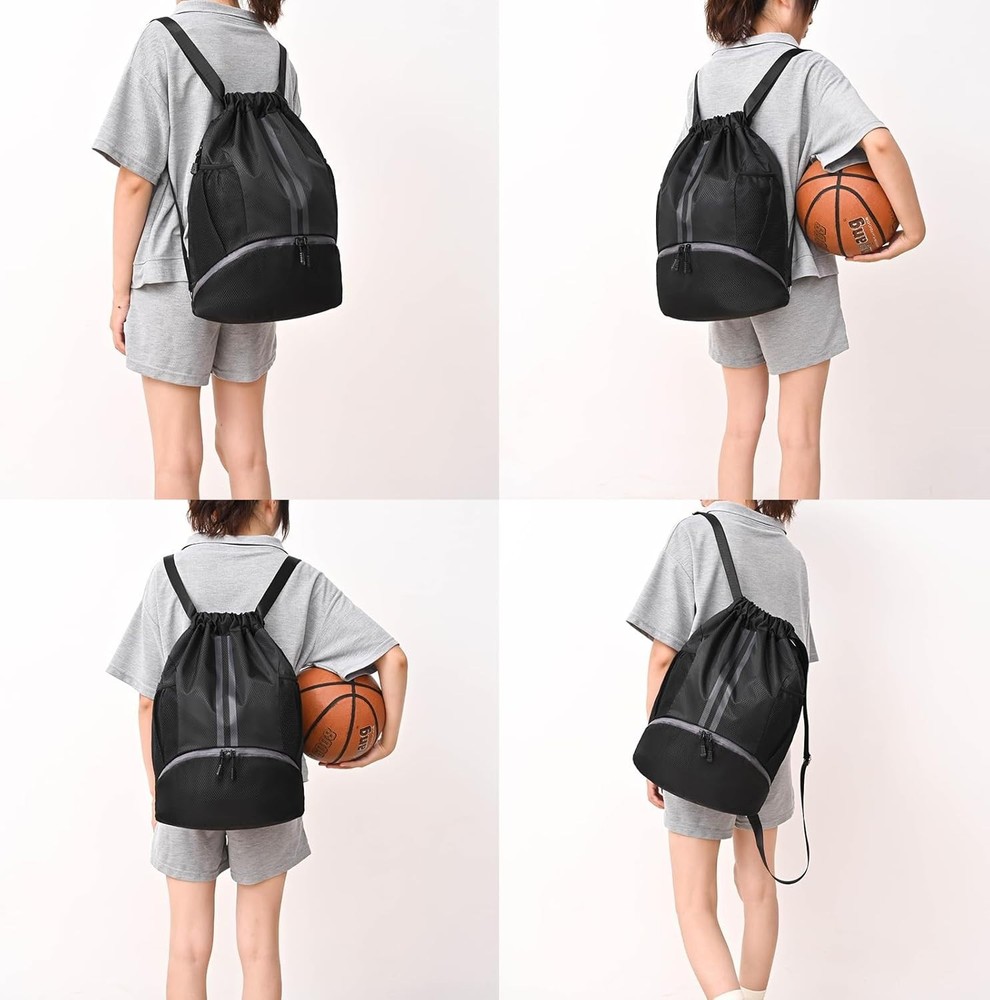 Black Drawstring Gym Bag, Waterproof Backpack with Shoes Compartment