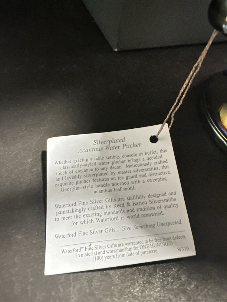 Waterford Silver Plated Pitcher 8” Fine Silver Gifts w/ Tag & Box #P