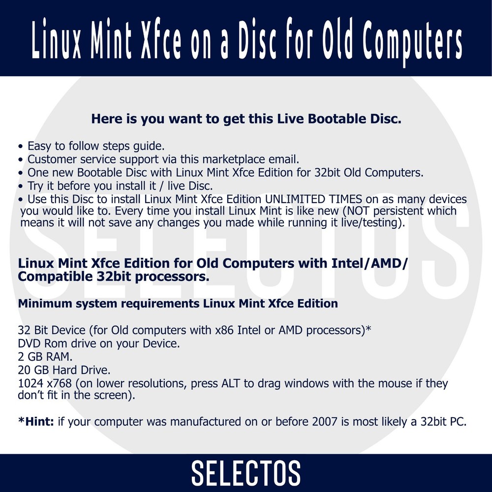 Linux Mint 19.3 Tricia Xfce Edition Live CD Bootable DISC for Old 32bit Computer