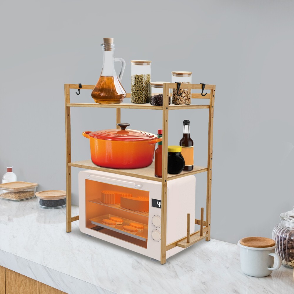 2-Tier Bamboo Kitchen Storage Rack with Hooks and Adjustable Shelves