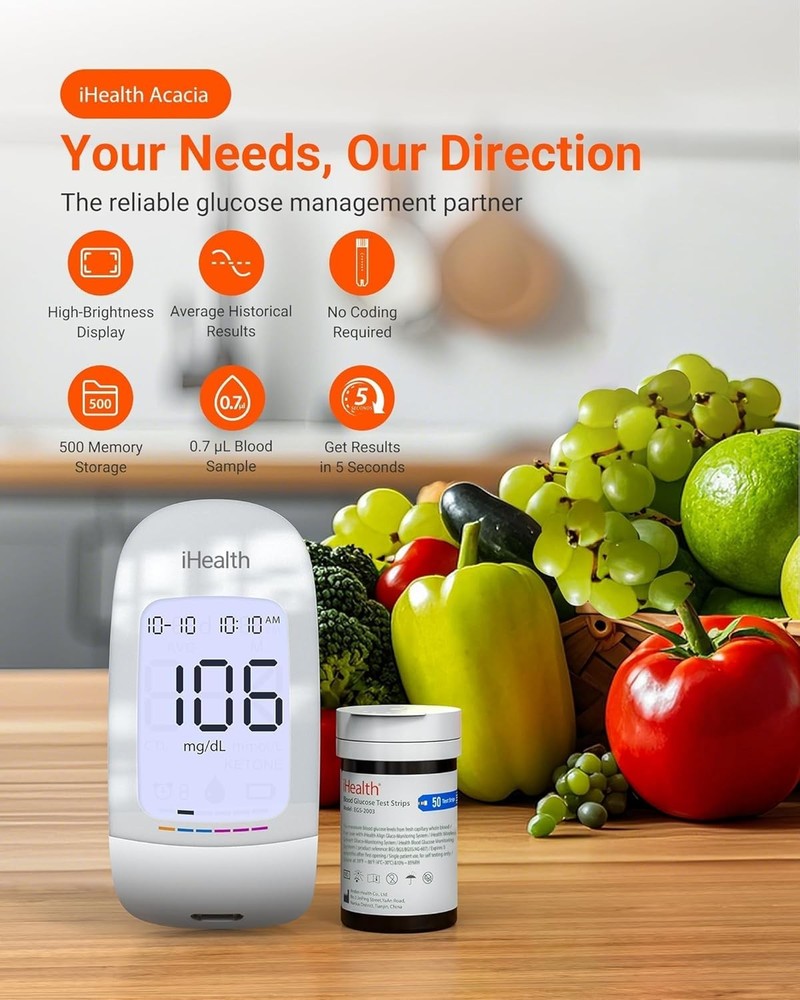 Glucose Meter Kit: 100 Strips, 100 Lancets, No Coding, 5s Results, 500 Memory