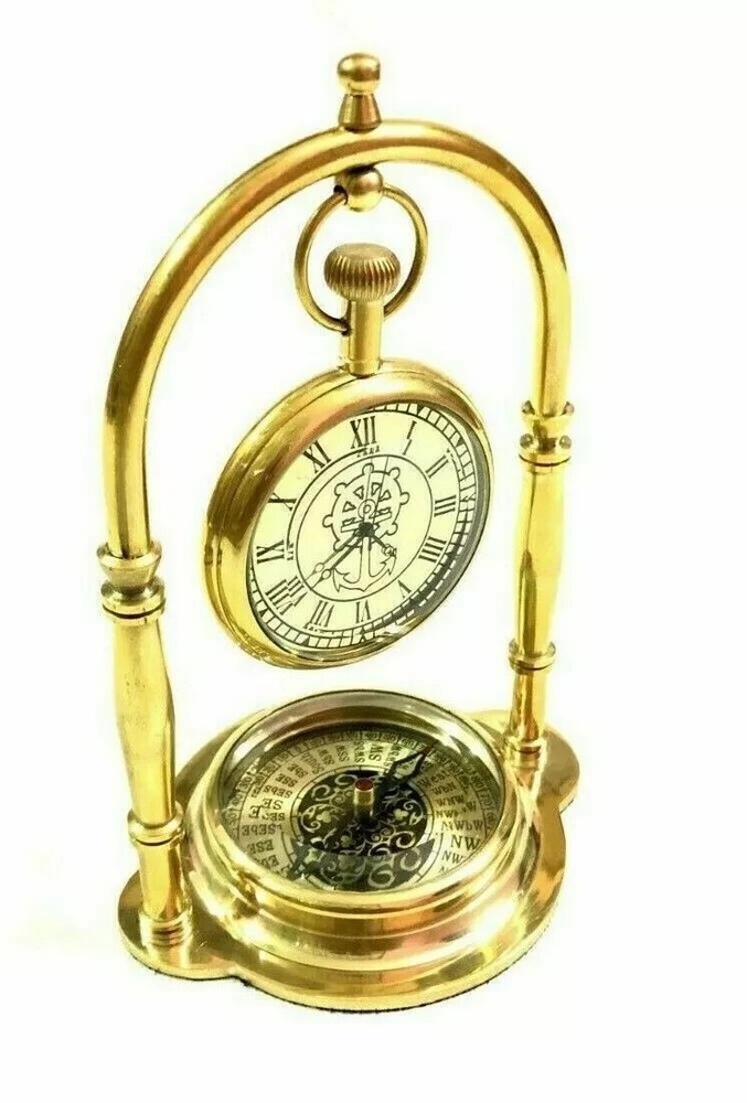 Nautical Victorian London Brass Table Top Decor Clock with Compass