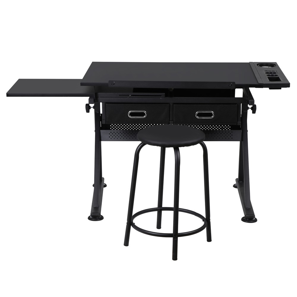 Black Drafting Drawing Table Adjustable Artist Desk Tilting Tabletop with Stool