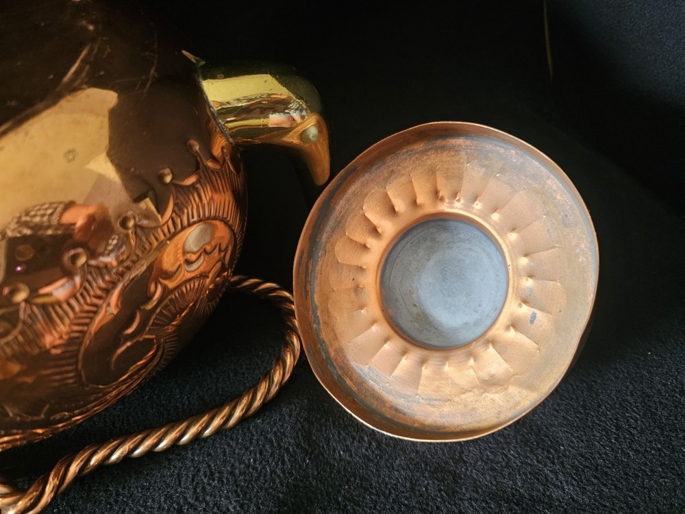 Antique Moroccan Copper Brass Teapot with Hammered Chisel Point Design