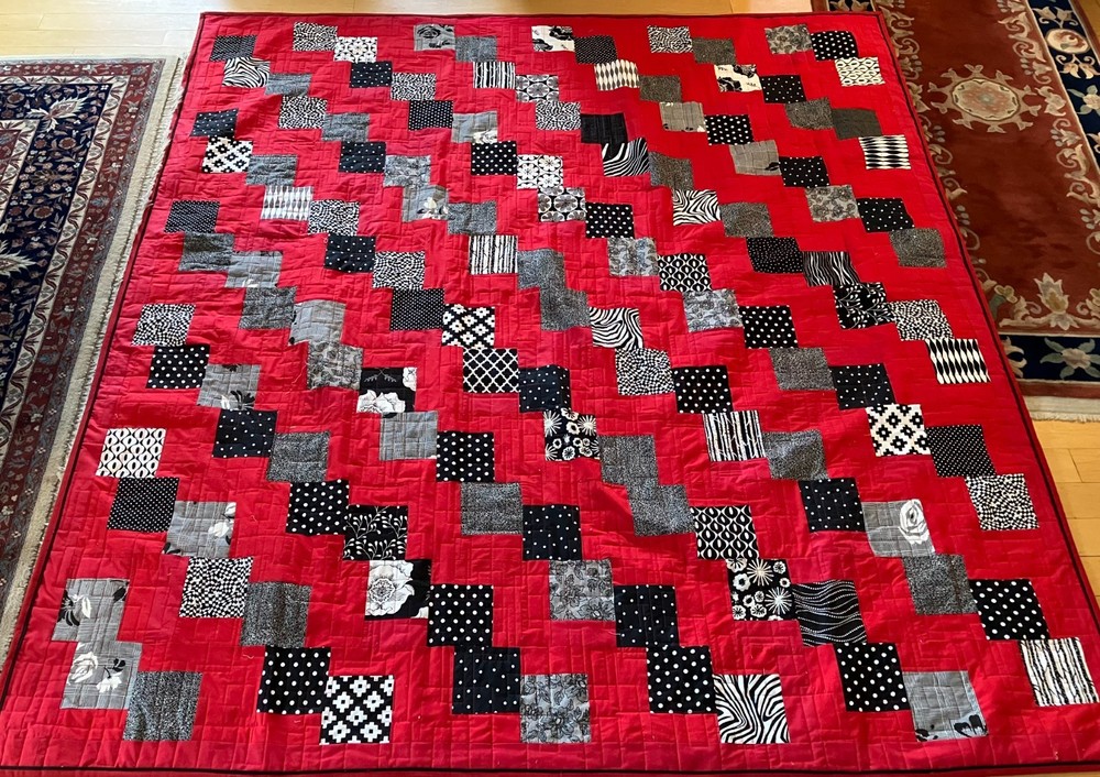 Black & White with Red Falling Charm patchwork Quilt Full size 75" X 91"