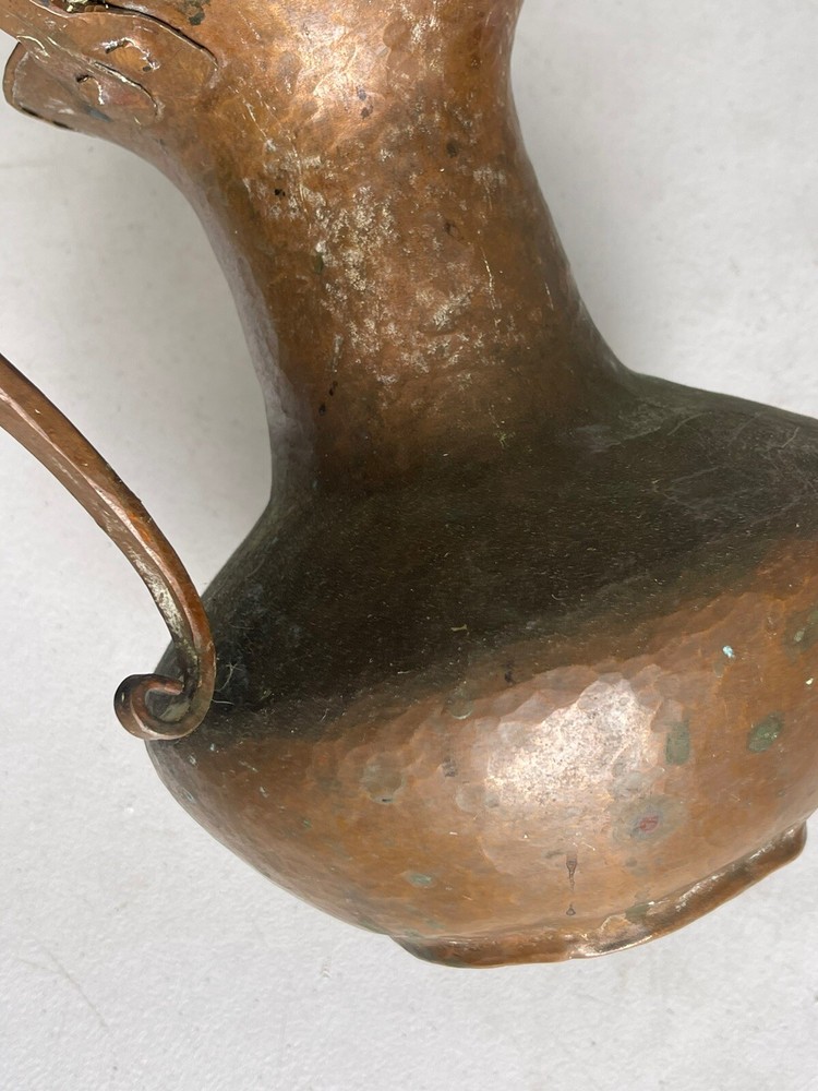 Antique Hammered Copper Pitcher with Scrolled Handle