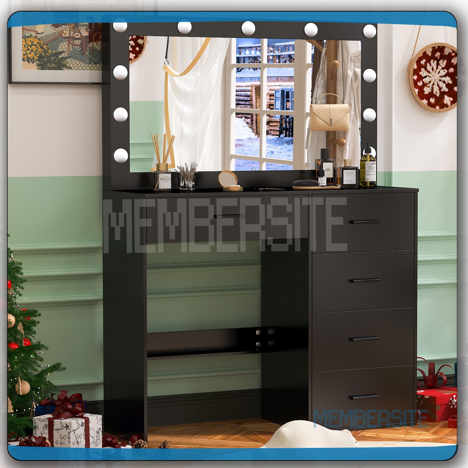 Black Vanity Desk With Large Lighted Mirror 5 Drawers Makeup Dressing Desk Set