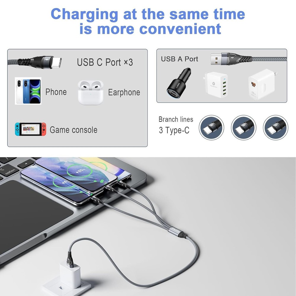 SIQIWO Multi USB C Cable[3.1A/2 Pack],4ft A to C Splitter Grey