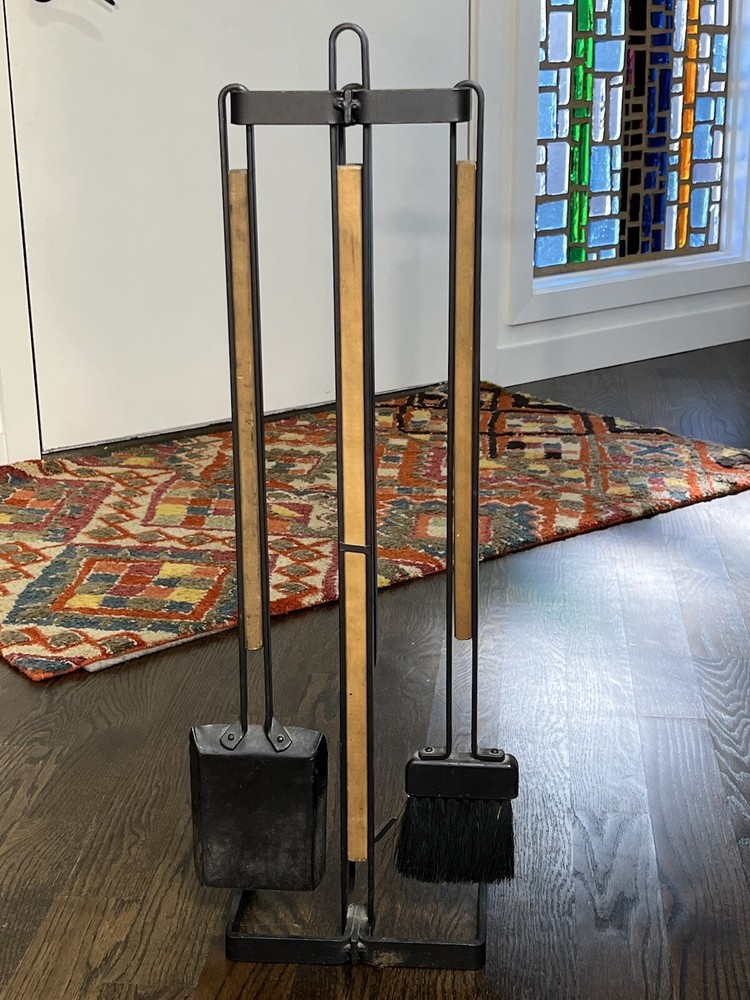Mid Century Iron & Wood Fireplace Tool Set