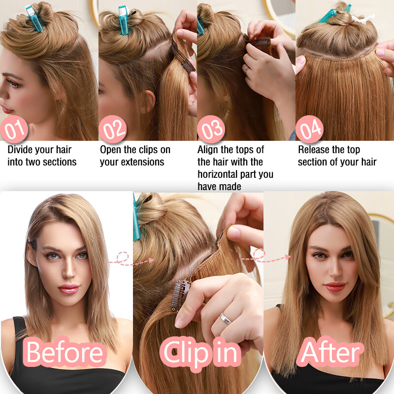 Thick Double Weft Clip In Real Remy Human Hair Extensions Full Head Highlight US