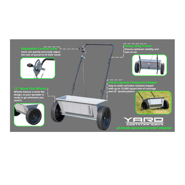 Yard Commander Drop Spreader 60-lb Capacity Compatible with Fertilizer, Seed