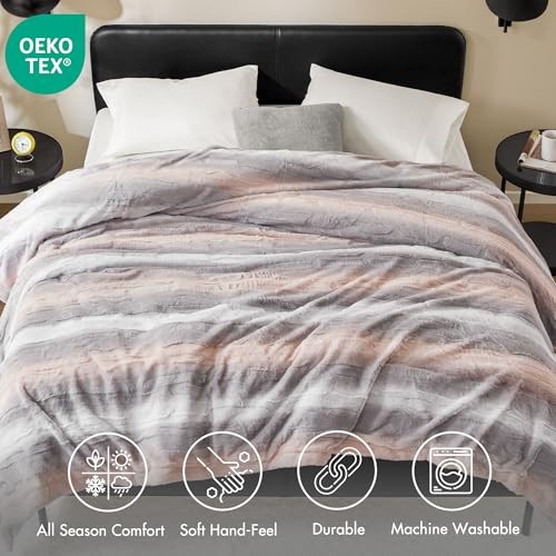 Queen Size Blanket Ultra-Soft Poly Fur Queen Size, 90x90" Blush/Grey