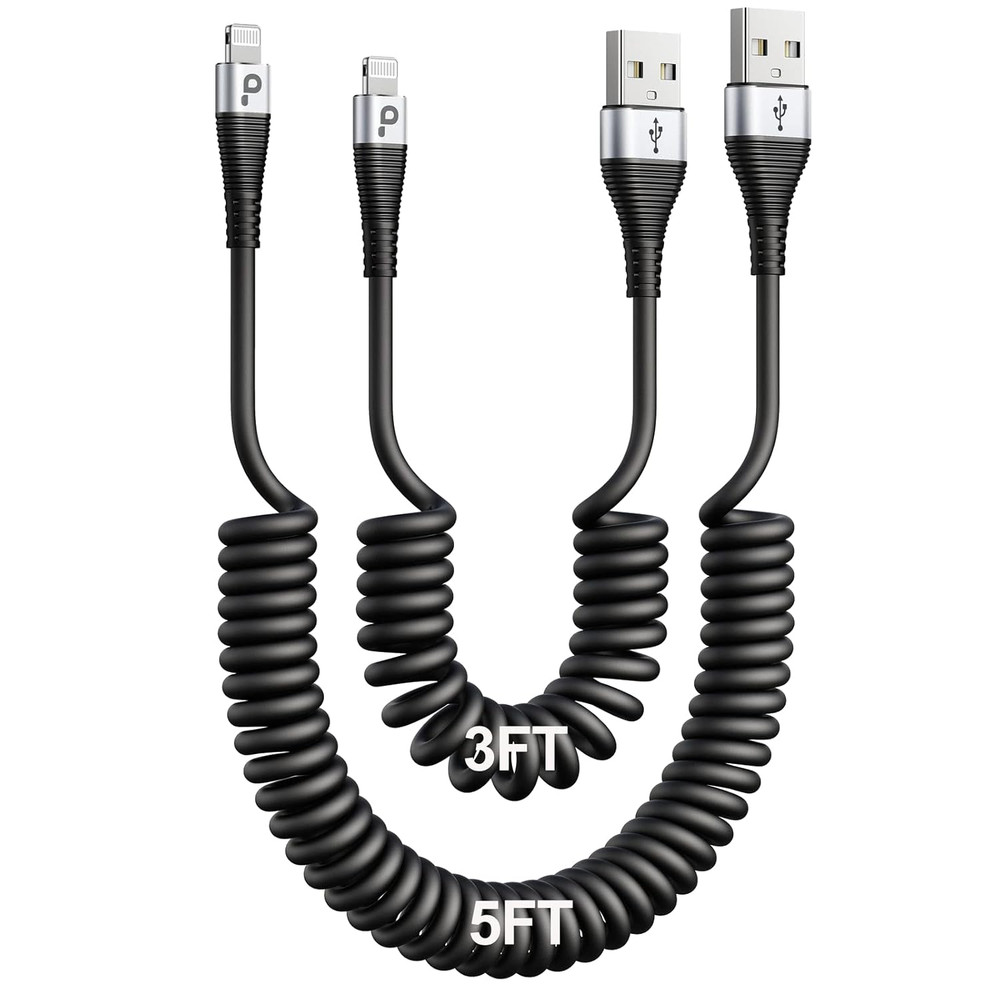 Iphone Charger Cable for Car (3FT/5FT), 2Pack Coiled Lightning Cable, [Apple Mfi