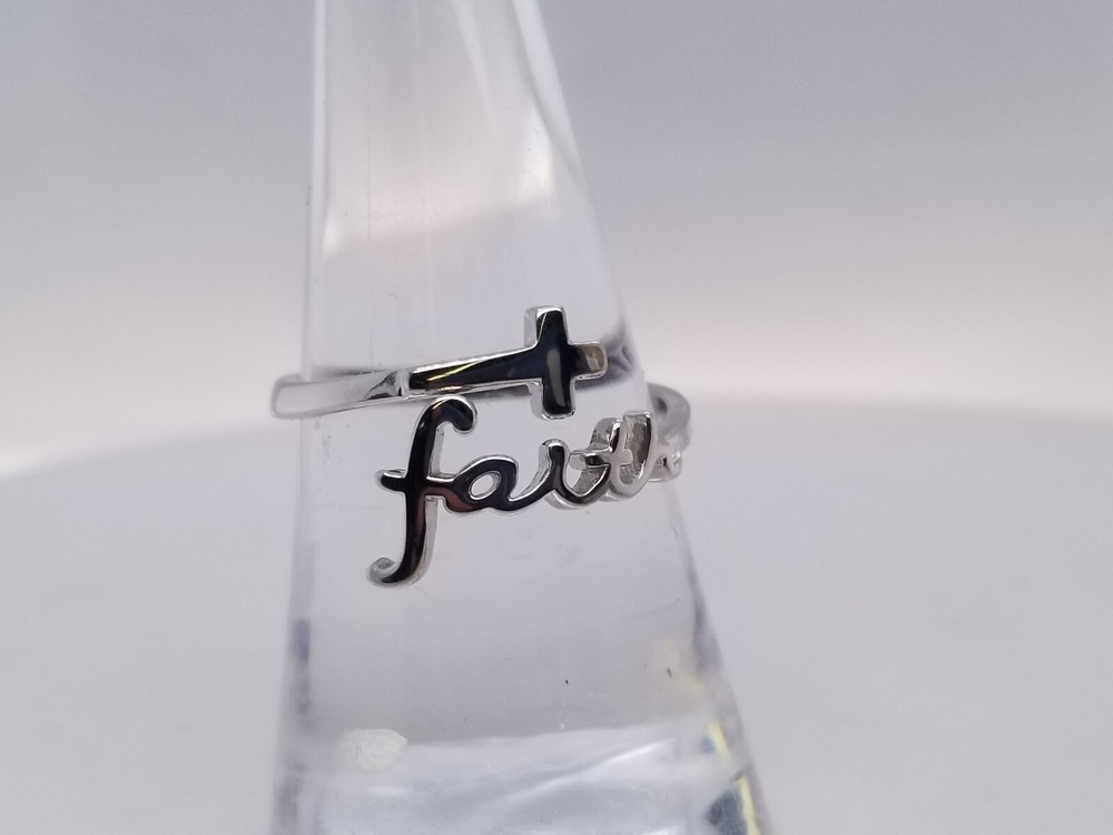 Always Blessed "FAITH" Script Cross Sterling Silver Ring Sz 8 (Adjustable)