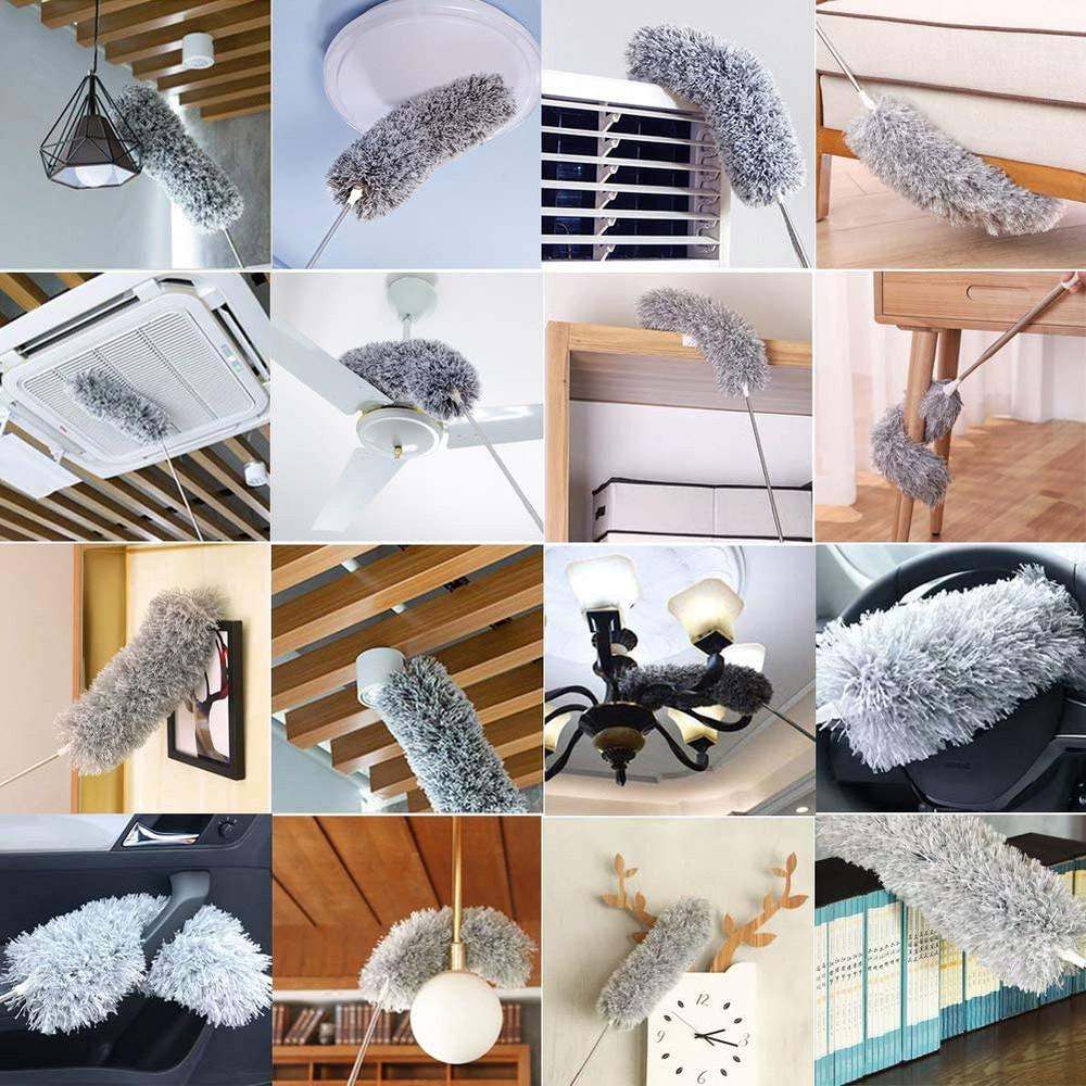 Microfiber Feather Duster Extendable Pole 30-100in Bendable Head Gray Washable