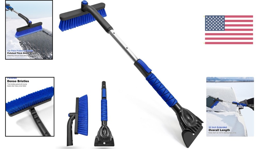 Lightweight Extendable Snow Brush & Ice Scraper with Tough Jaw Design - Blue