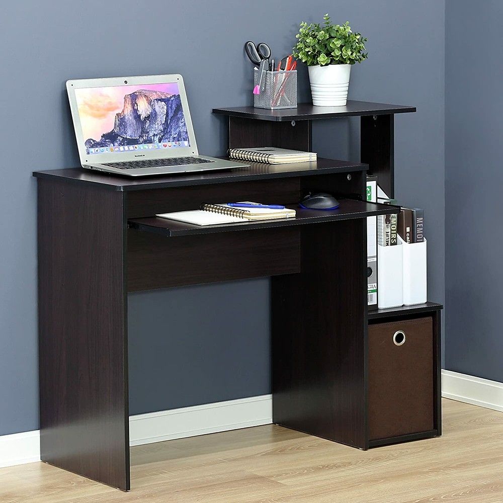 Espresso Brown Student Desk Storage Bin Laptop Computer Table Office Workstation