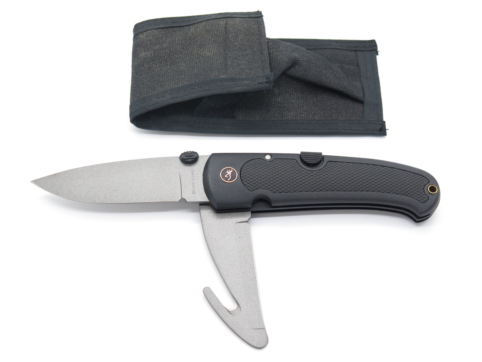 Vtg Browning 608 Kodiak FDT Seki Japan Black Guthook Folding Hunter Knife