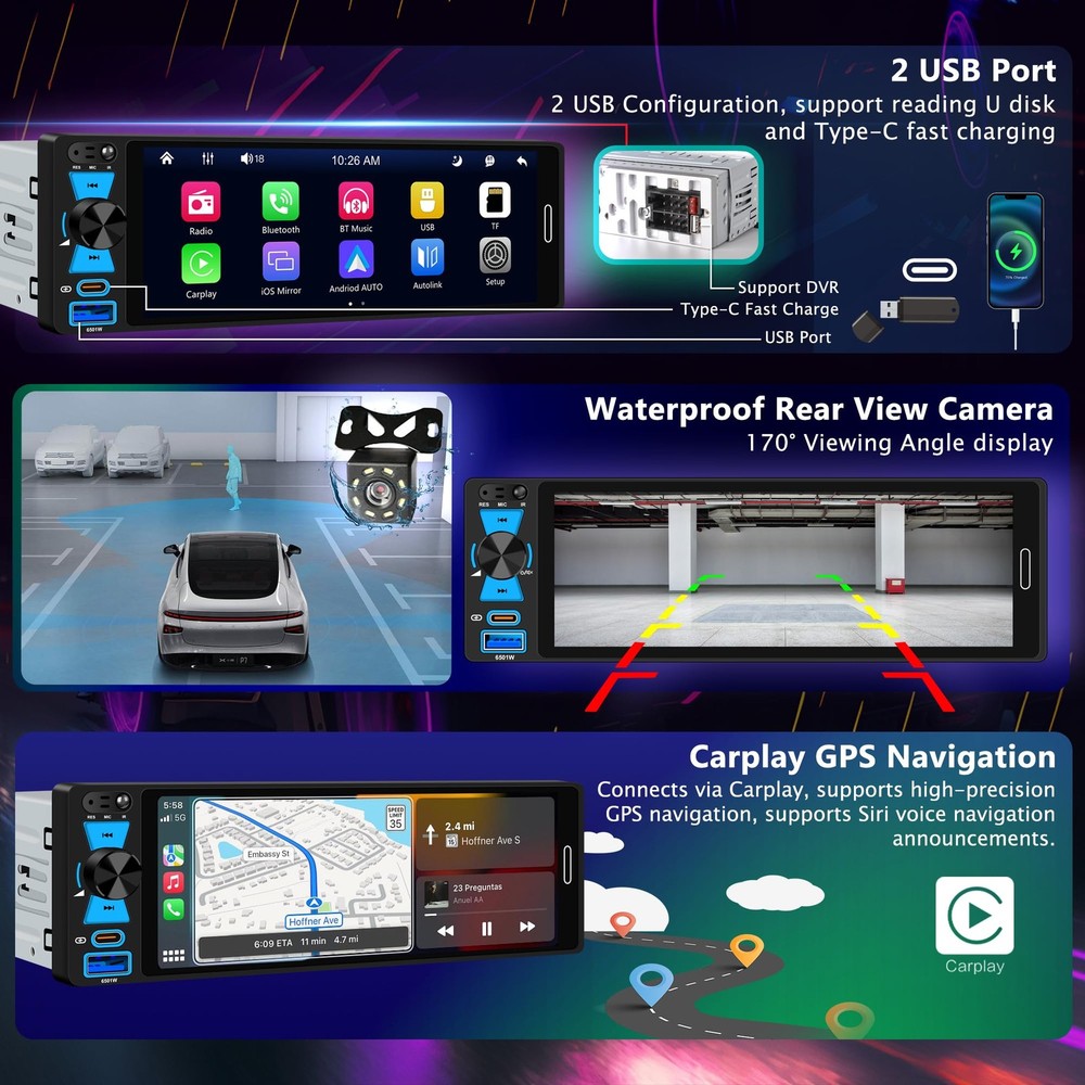 6.5" Single Din Touchscreen Radio with Wireless Apple CarPlay & Android Auto,...