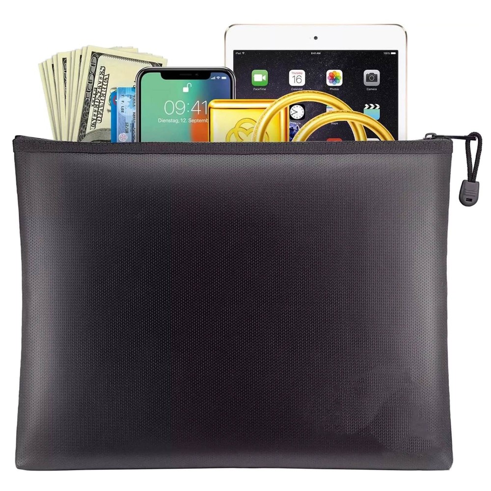 Black Fireproof Waterproof Document Bags Envelope File Folder Cash Pouch