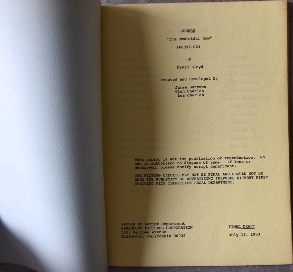 1983 Cheers (The Homicidal Ham) Original Screenplay Script