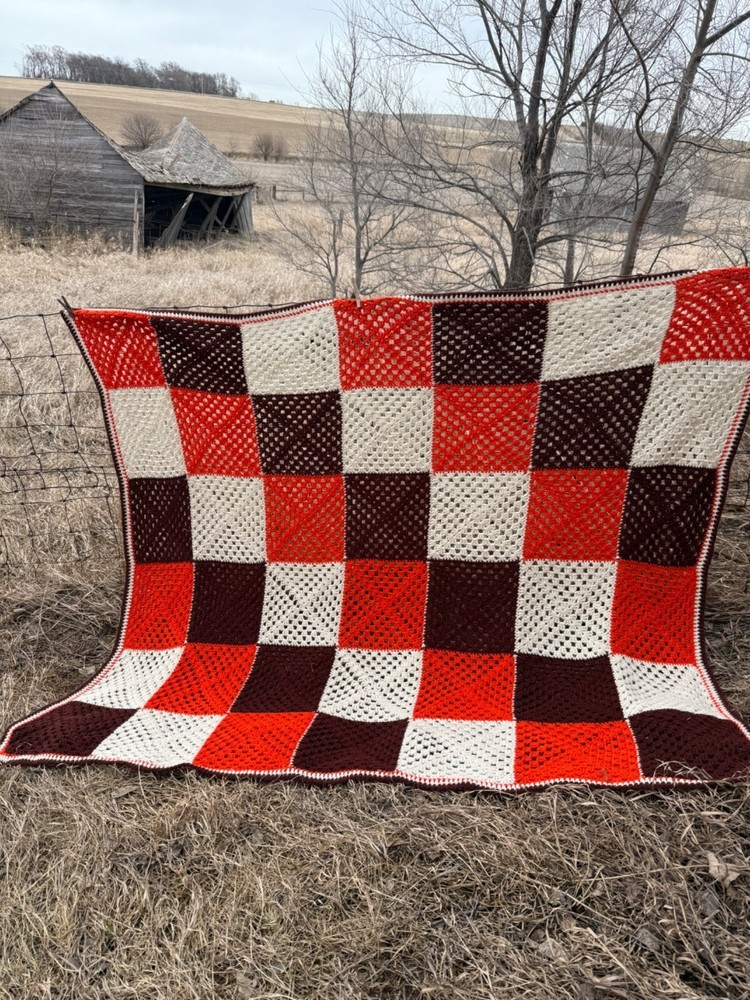 Vintage 1970s Crochet Patchwork Afghan Throw Boho Retro