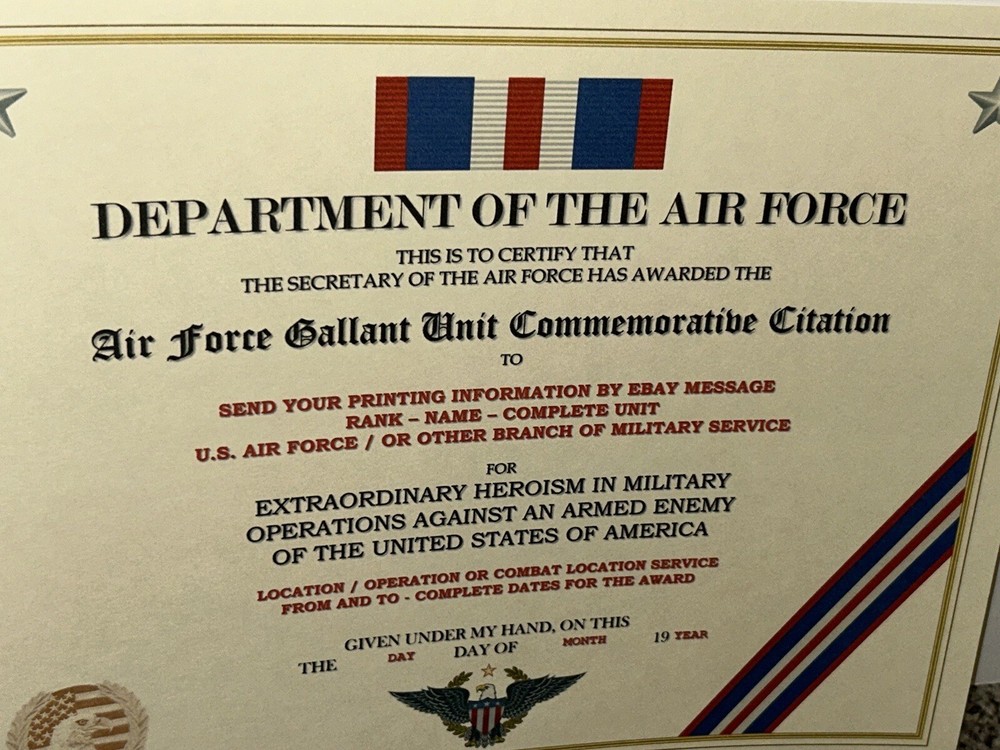 AIR FORCE GALLANT UNIT COMMEMORATIVE CITATION CERTIFICATE ~W/PRINTING T-1