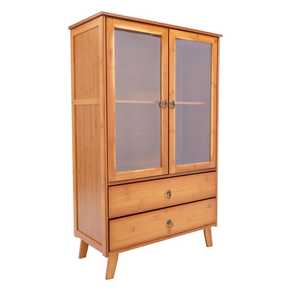 2-Compartments Bamboo Kitchen Sideboard Storage Organizer Cupboard Freestanding
