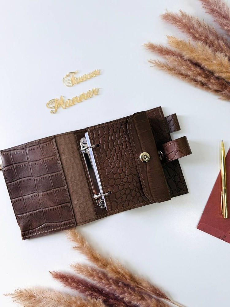 Leather notebook-wallet cover A7 Big rings mini wallet. Mini Planner.
