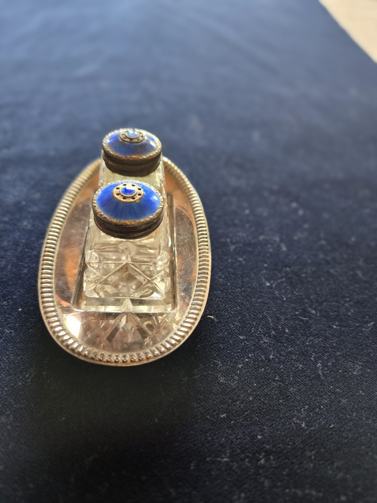 Antique Norway Guilloche Enamel Sterling Silver Salt & Pepper Set On Tray