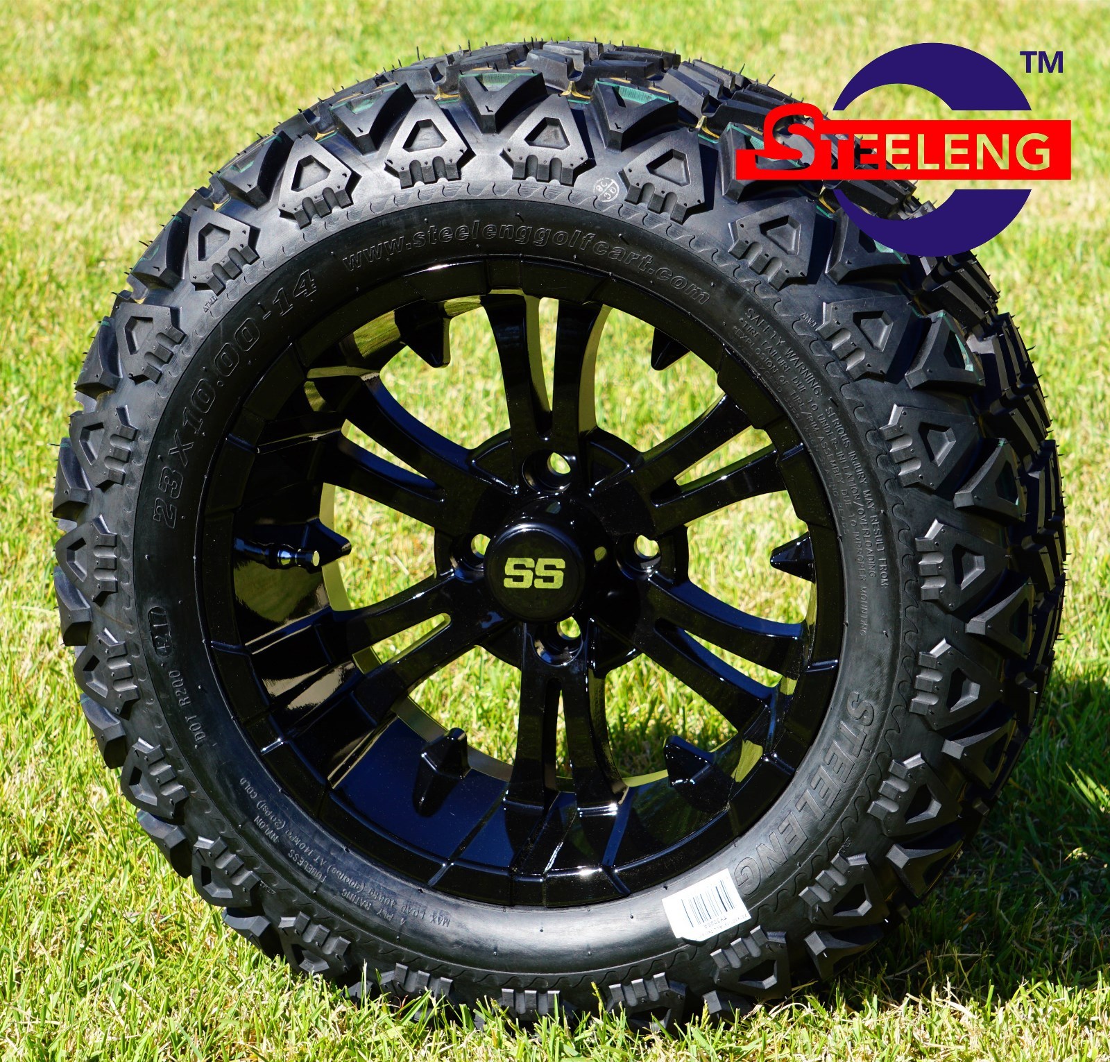 GOLF CART 14"x7" BLACK VAMPIRE WHEELS and 23"x10"-14" DOT ALL TERRAIN TIRES (4)