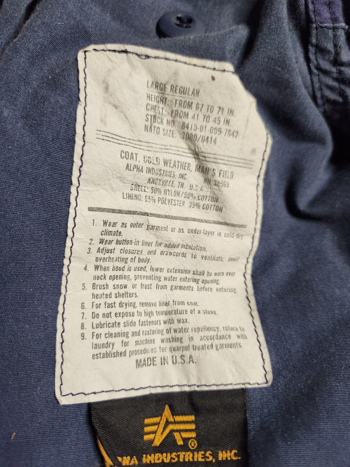 Alpha Industries M-65 Cold Weather Field Jacket Coat Mens Sz Large Blue Navy USA