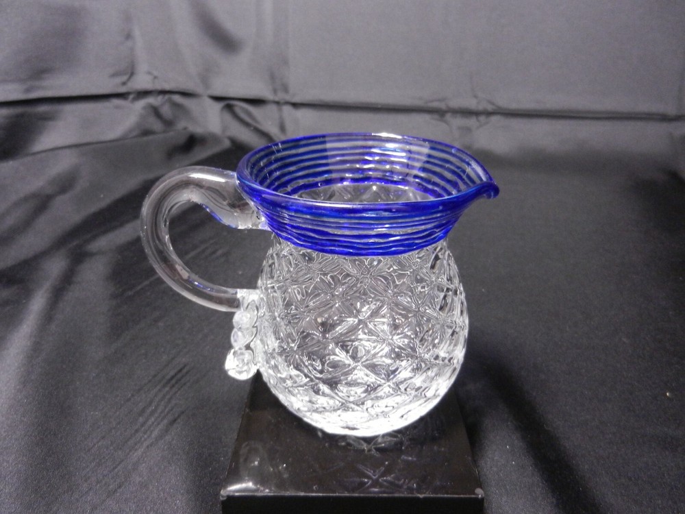 Handblown Mini Pitcher Diamond Optic Applied Handle Clr Cobalt Threads 3 3/4" T