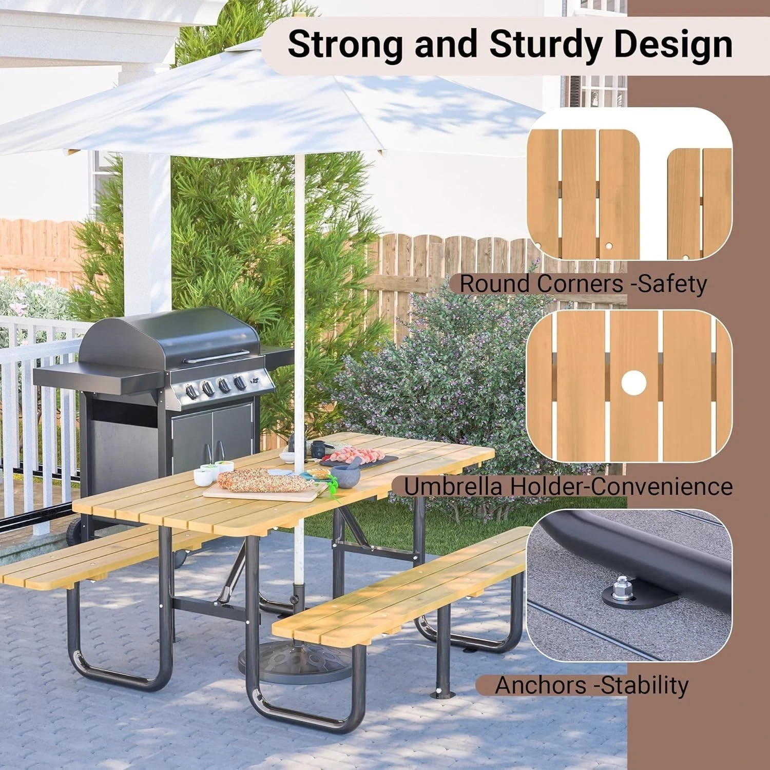 Picnic Table With Bench Outdoor Wooden Table and Chair Set for 6 People