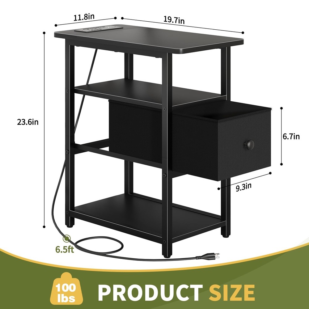 Yoobure End Table with Charging Station, Narrow Side Table with Adjustable Fa...