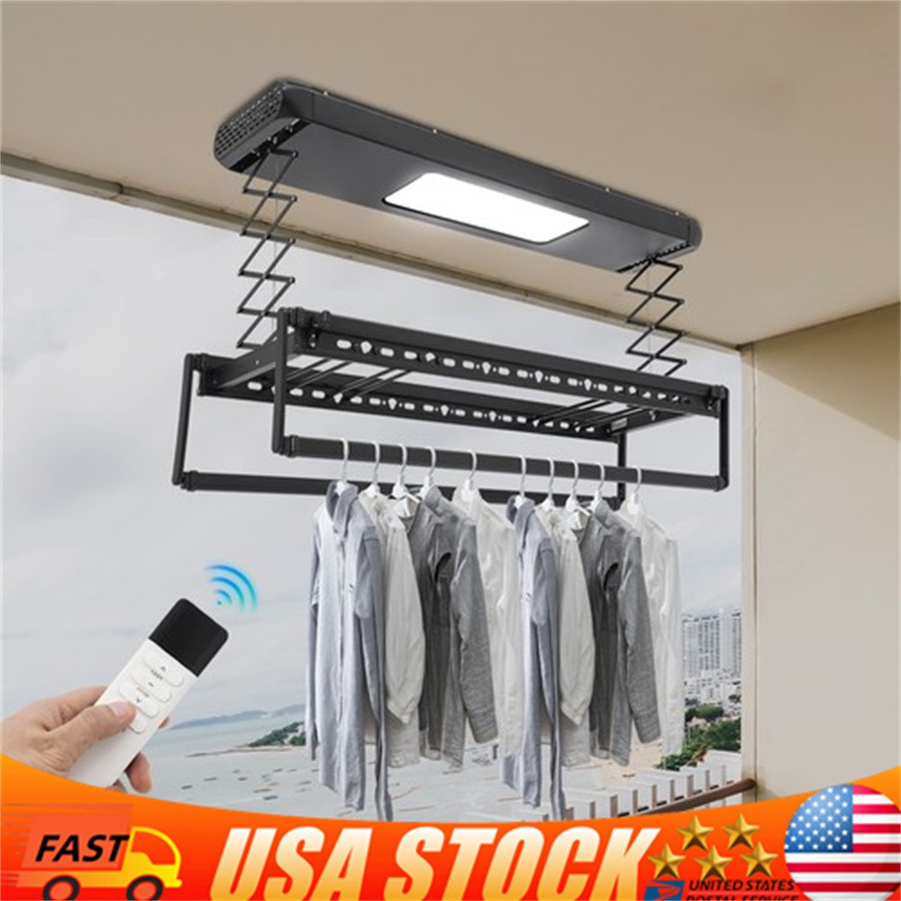 Electric Retractable Airing Rack Clothes Drying Rack W/ Remote Control & Light