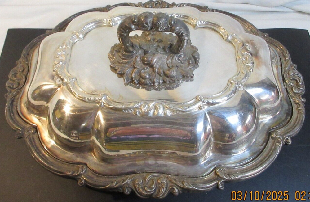 ANTIQUE~REPOUSSE~SILVER LIDDED WITH HANDLE SERVING DISH~~5.9 POUNDS