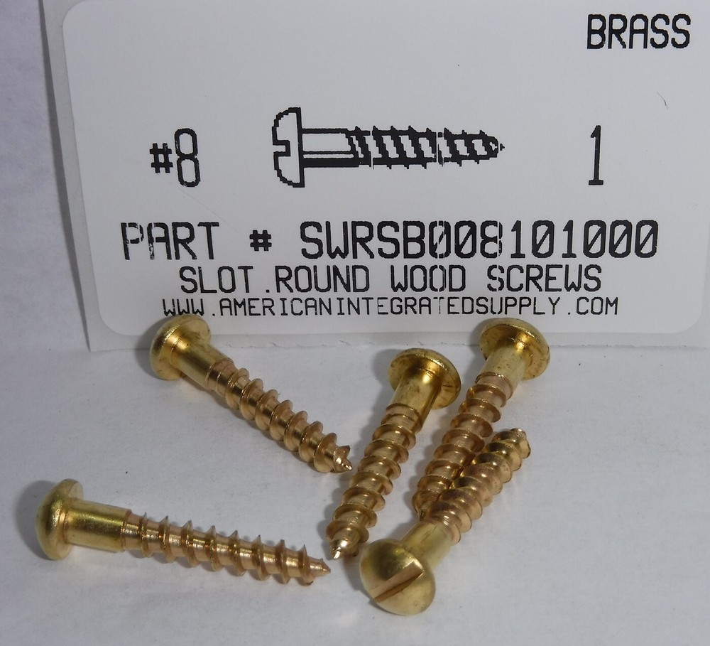 #8x1 Round Head Slotted Wood Screws Solid Brass (20)
