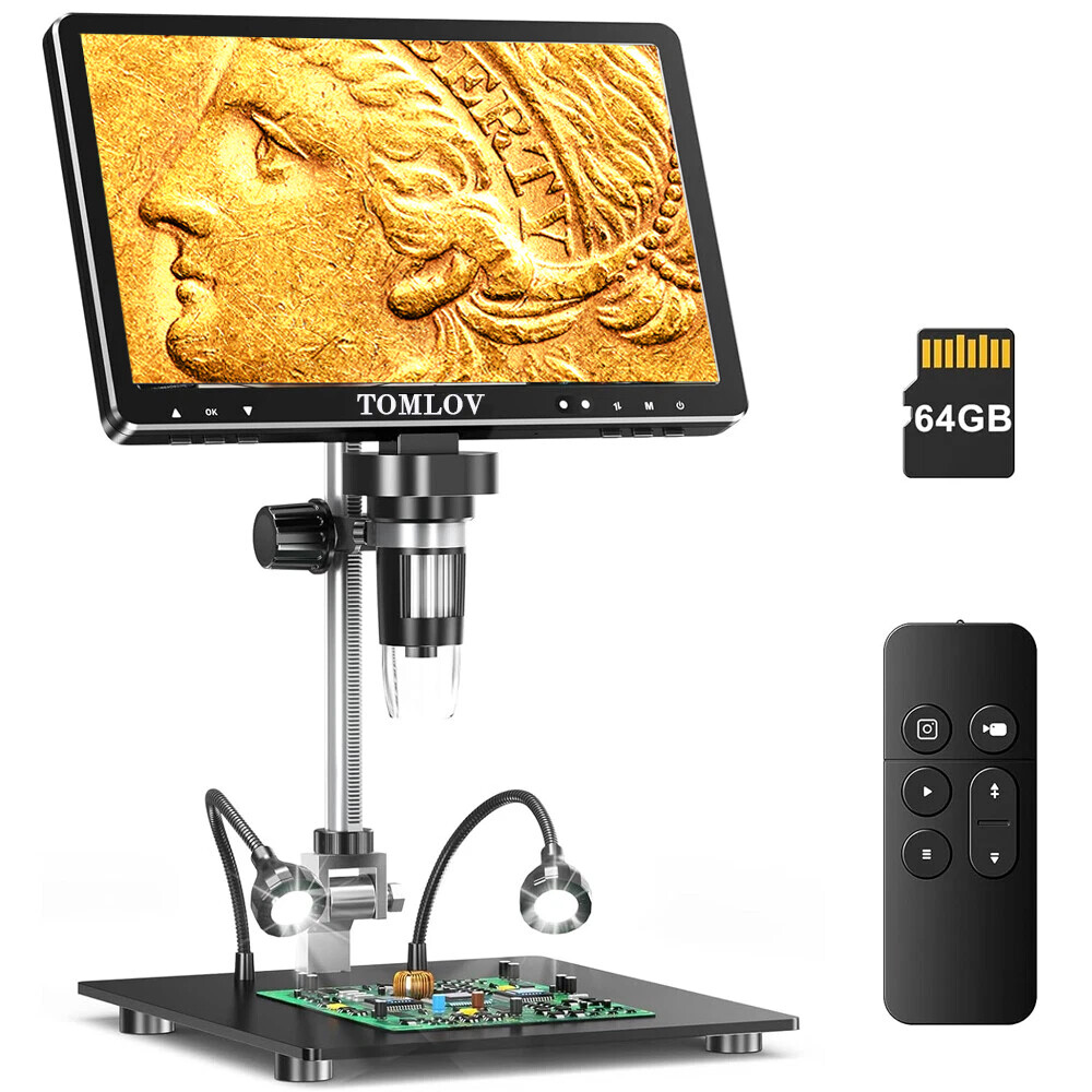TOMLOV DM9 Max 10.1" HDMI Digital Microscope 5-1500X 20MP Coin Microscope 10 LED