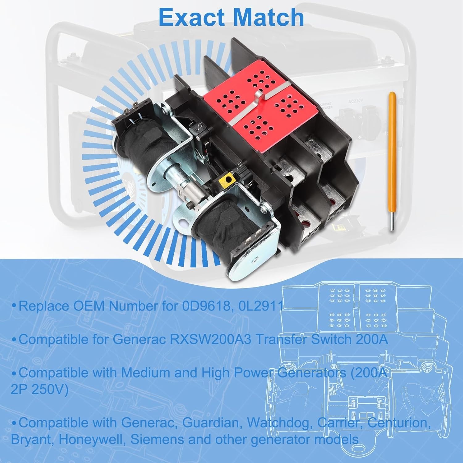 0L2911 200A Automatic Transfer Switch with Handle Compatible with Generac 200 Am