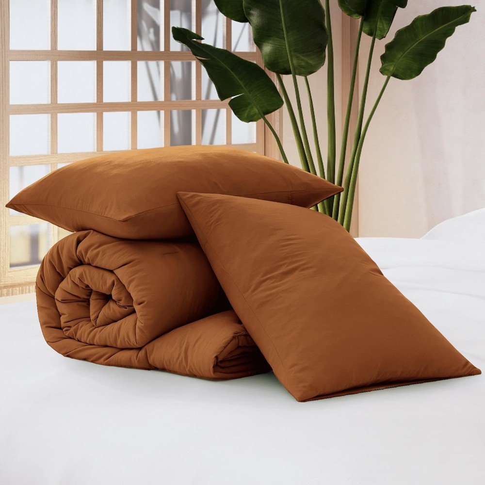 WRENSONGE Queen Comforter Set - 3 Pieces Prewashed Burnt Orange Comforter Sof...